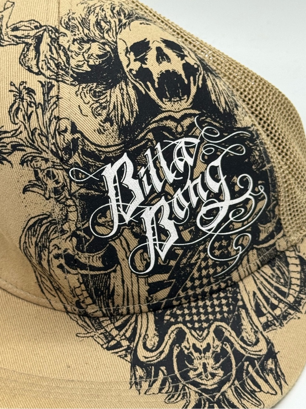 Billabong Flexfit Skull Graphic Tan Black Mesh Trucker Hat One Size